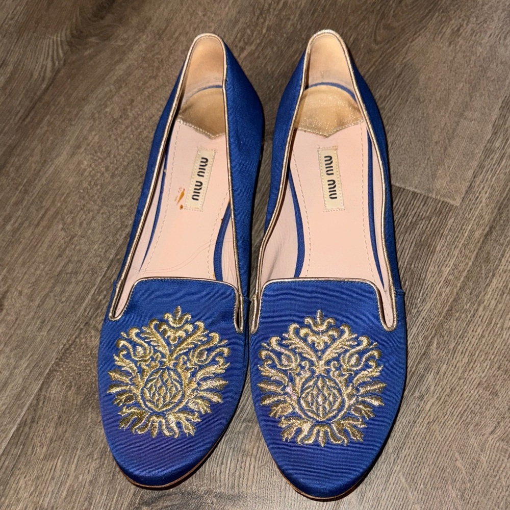 Miu Miu Royal Blue and Gold Embroidered Loafers